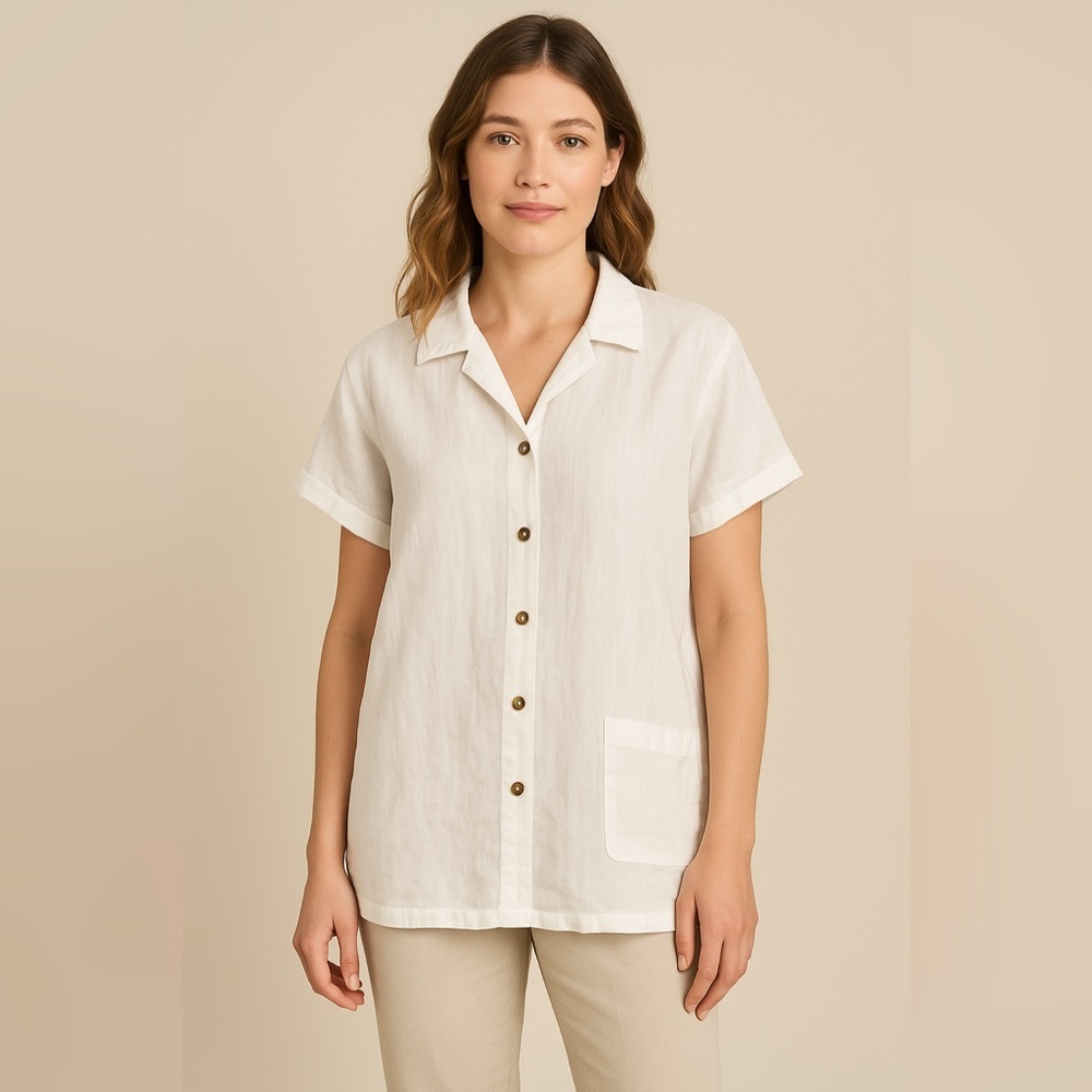 "White Linen Button Down Shirt Spirit Size L | Summer Coastal Blouse 100% Linen